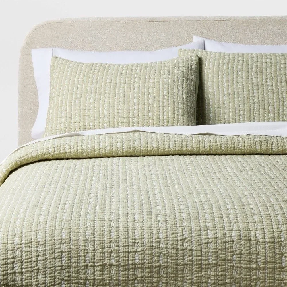 Threshold Tinker Stripe Green King Matelasse Quilt & Shams Set 3pc